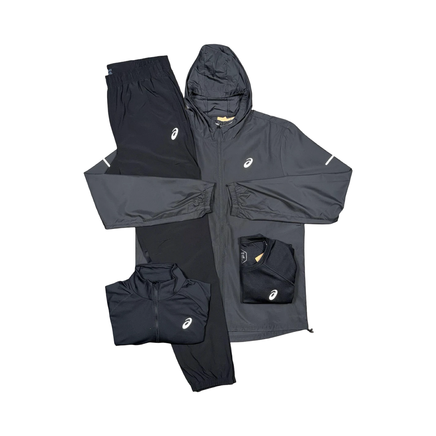 ASICS 4 PIECE TRACKSUIT SET JACKET/HALF ZIP/T-SHIRT/BOTTOMS BLACK