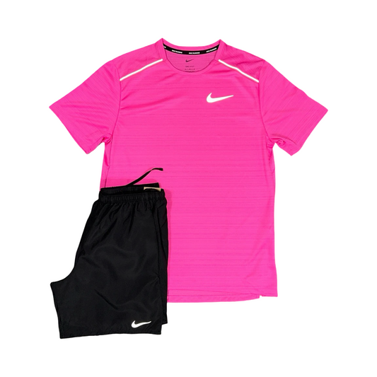 NIKE MILER T-SHIRT/SHORTS SET HOT PINK/BLACK