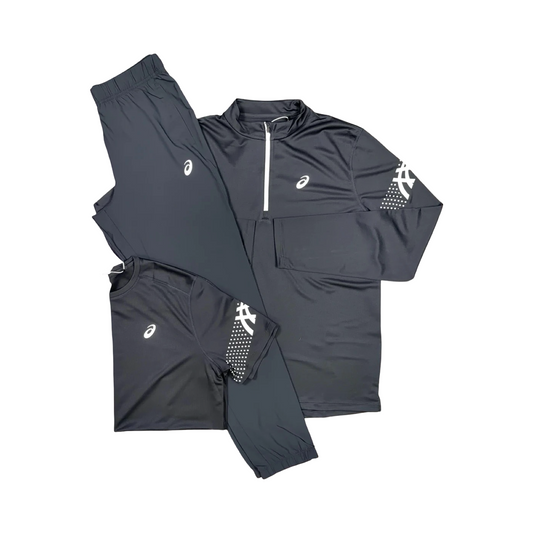 ASICS 3 PIECE ICON HALF ZIP TRACKSUIT SET BLACK/WHITE