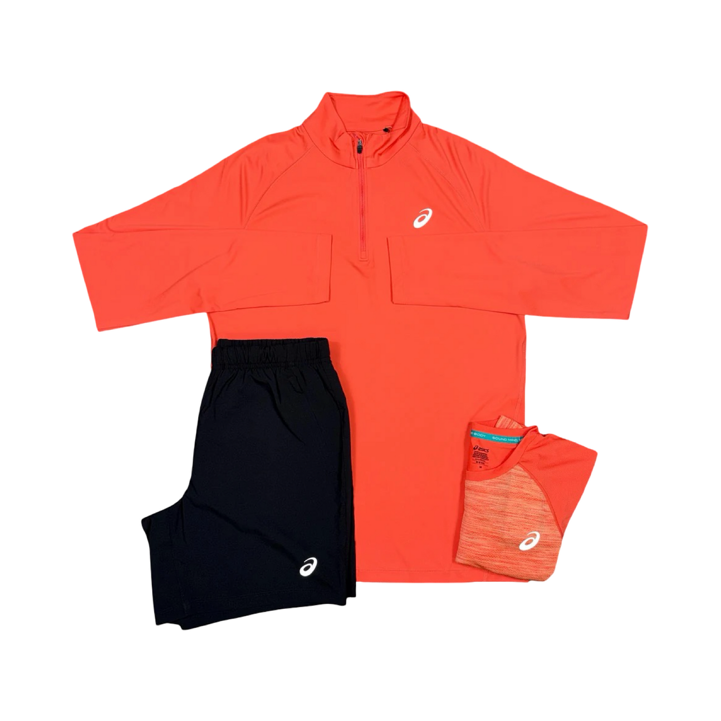 ASICS 3 PIECE HALF ZIP SHORT SET CORAL/BLACK