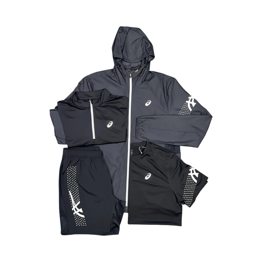 ASICS 4 PIECE ICON SET WINDRUNNER/HALF ZIP/T-SHIRT/SHORTS BLACK/WHITE