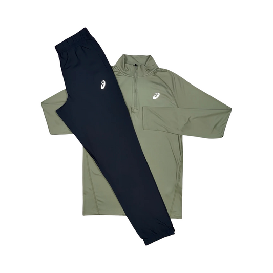 ASICS SPORT HALF ZIP TRACKSUIT SET MANTLE GREEN/BLACK