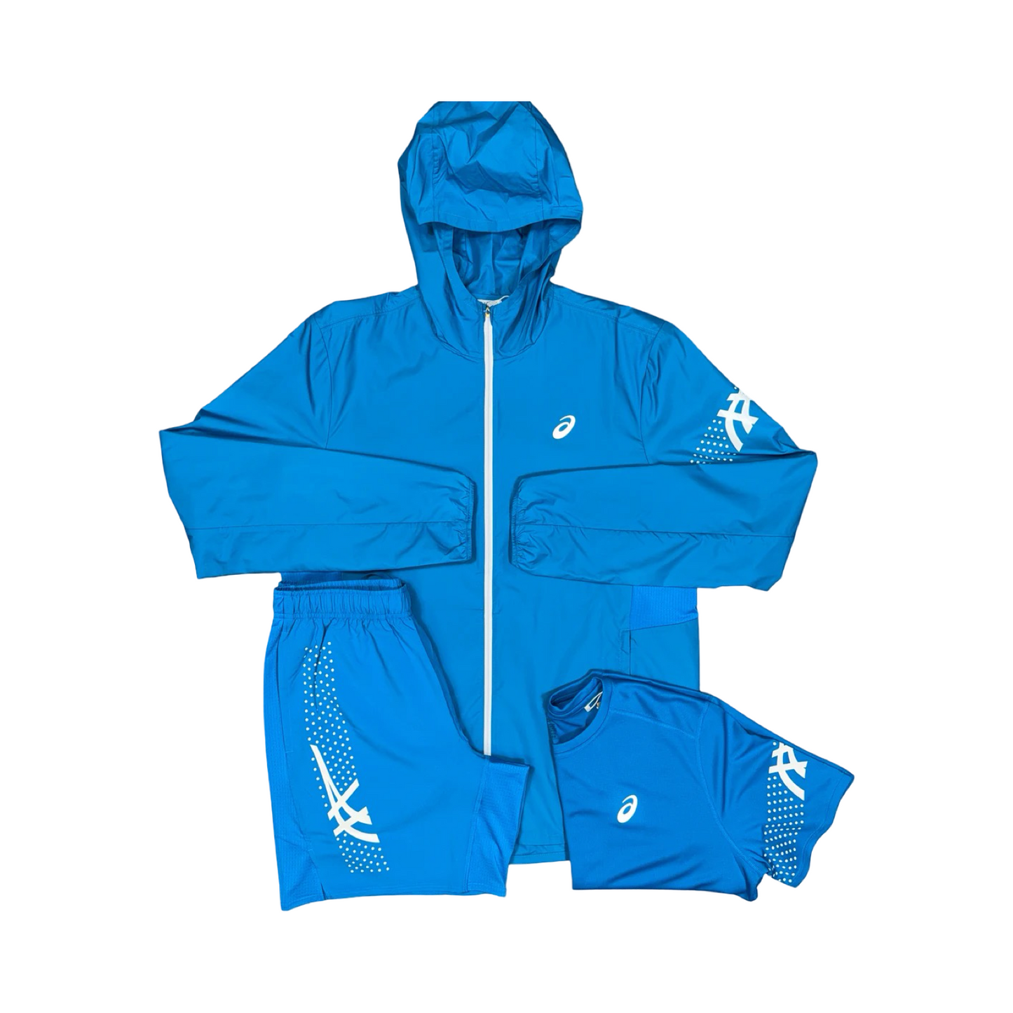 ASICS ICON 3 PIECE WINDRUNNER/SHORTS SET AEGEAN BLUE/WHITE