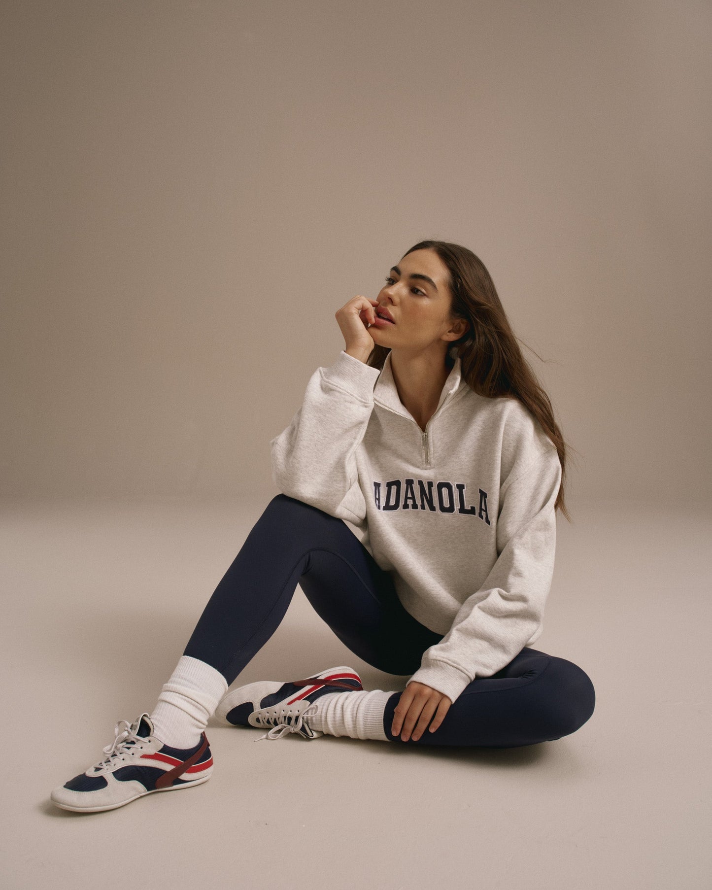 Adanola Varsity Relaxed Funnel Neck Zip Sweatshirt - Light Grey Melange/Navy Blue