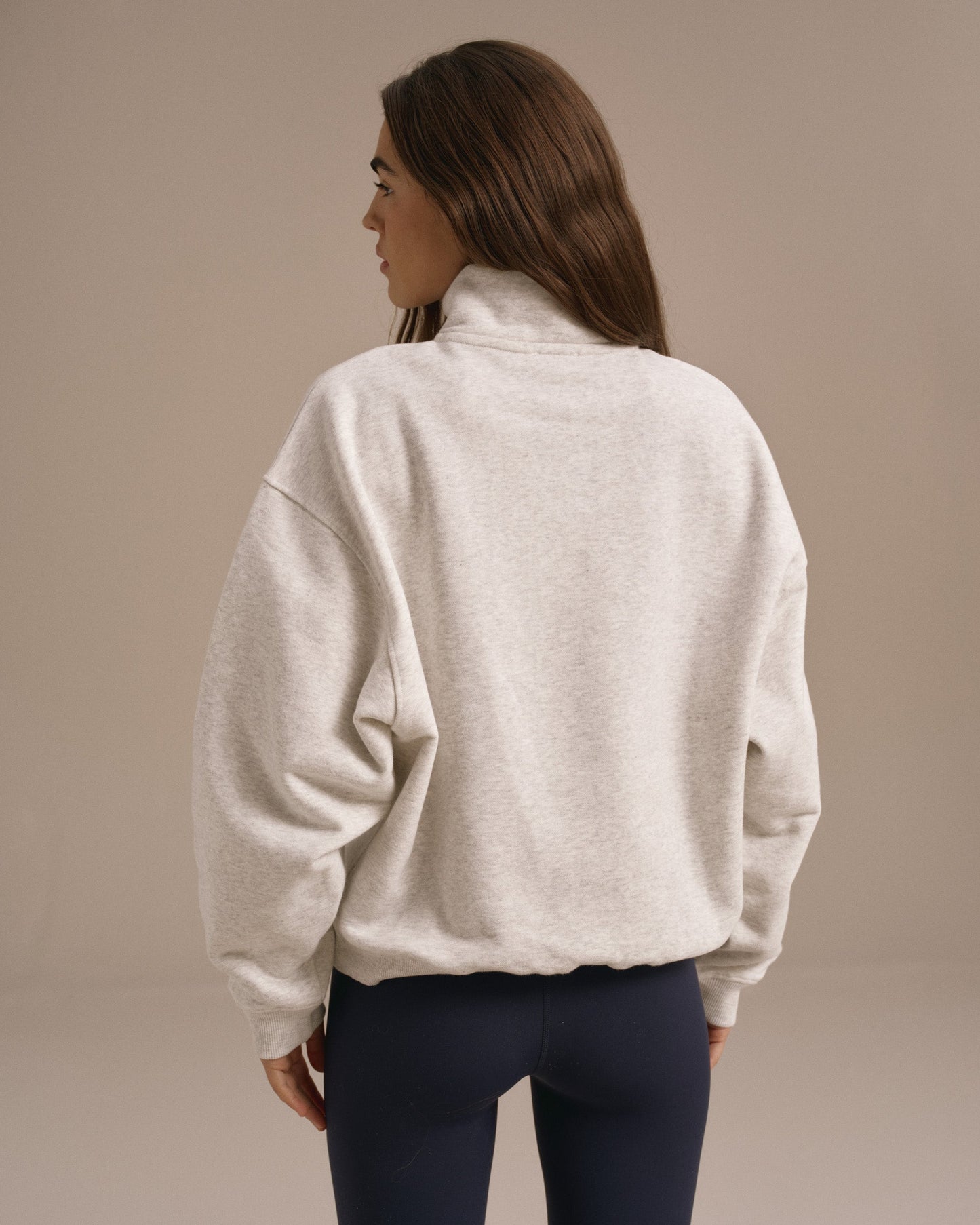 Adanola Varsity Relaxed Funnel Neck Zip Sweatshirt - Light Grey Melange/Navy Blue