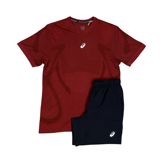 ASICS SEAMLESS T-SHIRT/SHORTS SET DARK RED/BLACK