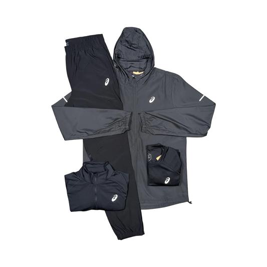 ASICS 4 PIECE TRACKSUIT SET JACKET/HALF ZIP/T-SHIRT/BOTTOMS BLACK