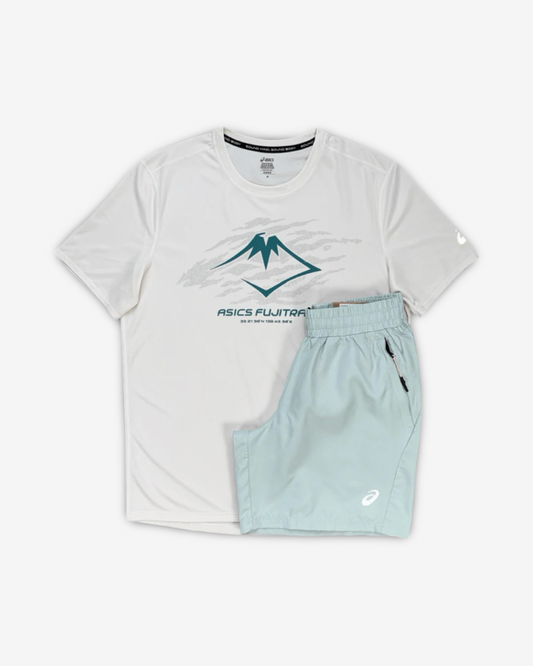 ASICS FUJITRAIL RUN SHORTS SET 'CREAM/RAINY LAKE/COLD MOSS'