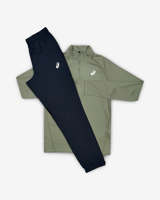 ASICS SPORT HALF ZIP TRACKSUIT SET MANTLE GREEN/BLACK