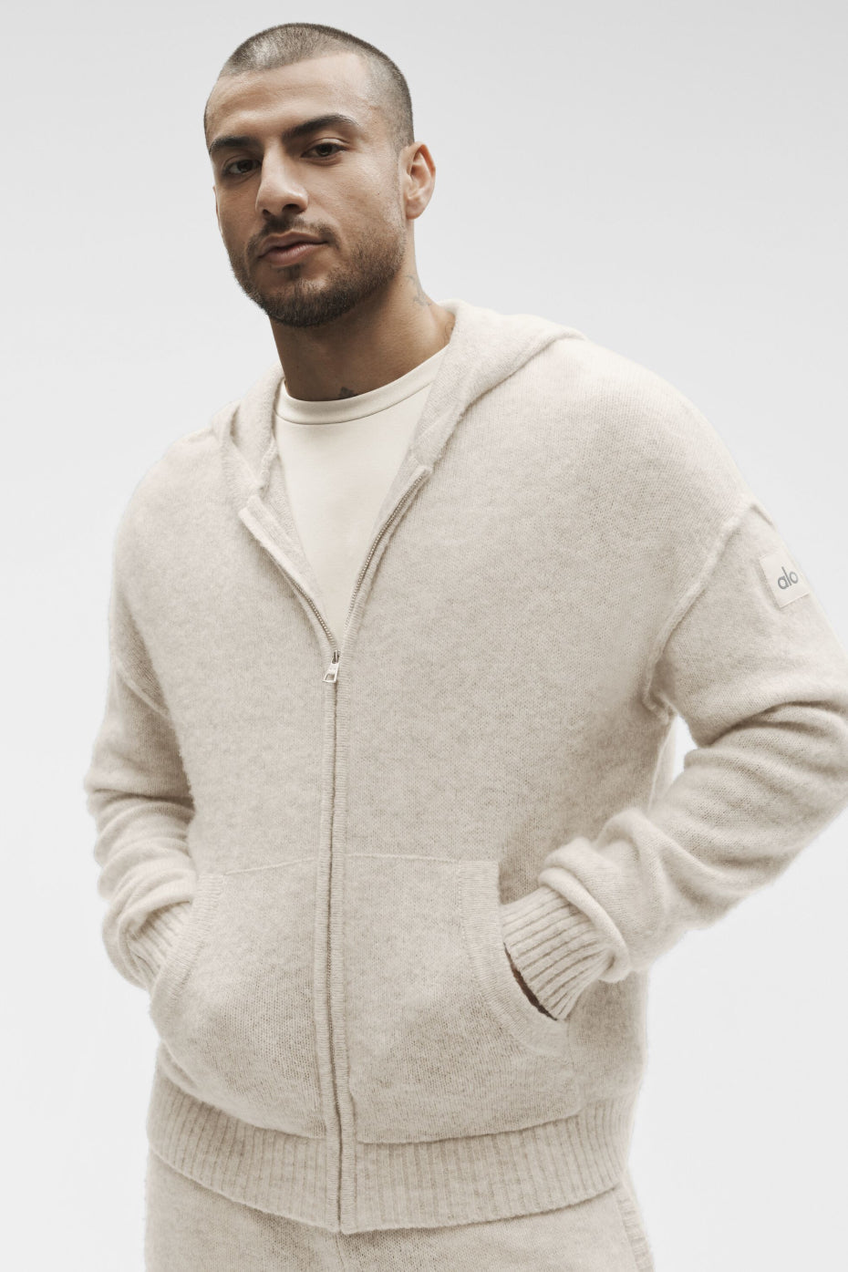 Alo Wool Cashmere New Class Full Zip Hoodie - Oatmeal Heather