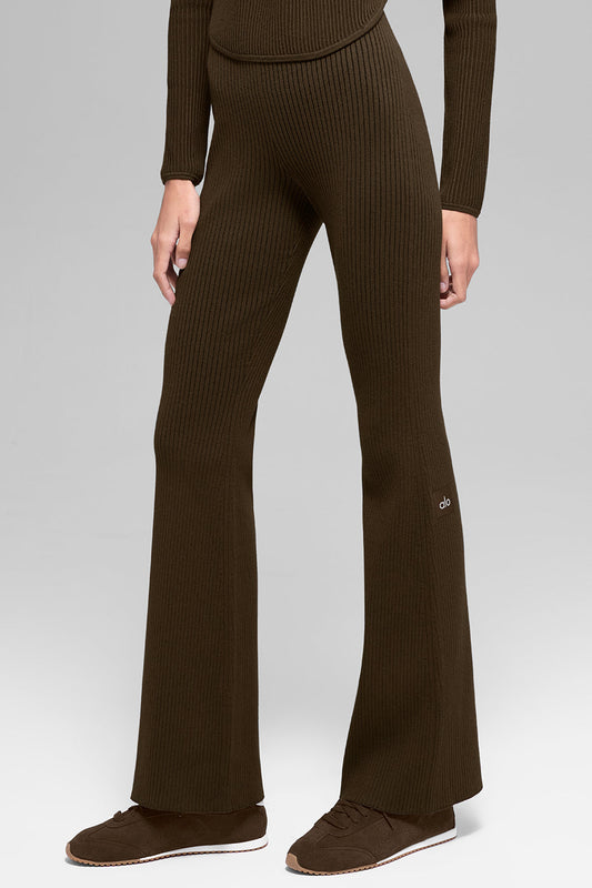 Alo Denim Knit High-Waist Flare Pant - Espresso/Black