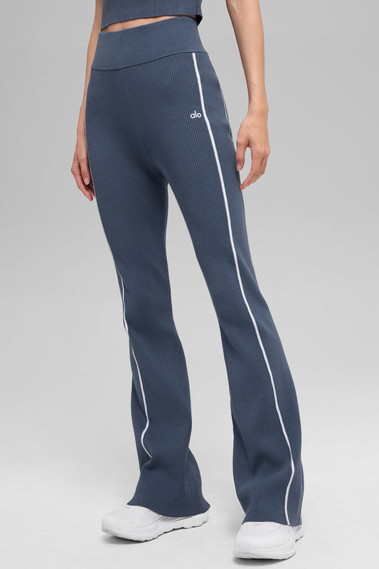 Alo Ribbed Sweater Knit Highline Flare Pant - Bluestone/White