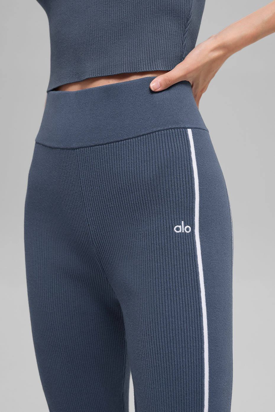 Alo Ribbed Sweater Knit Highline Flare Pant - Bluestone/White